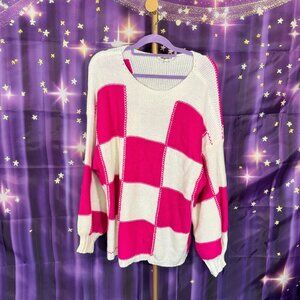 Haptics - Oversized Checker Pullover Sweater Knit Top - Ivory, Fuchsia - 1x